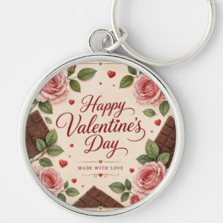 Alla hjärtans dag Rosa Rosor Chokladbarer Rund Silverfärgad Nyckelring