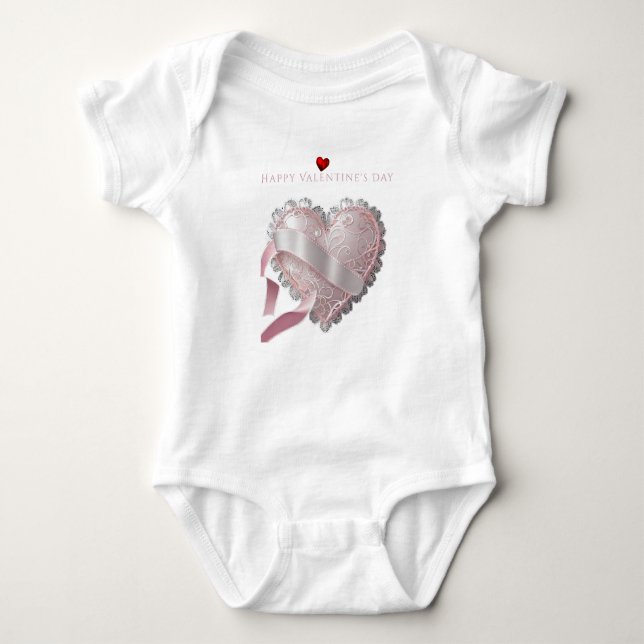 Alla hjärtans dag rosa spets hjärta satin band t shirt (Framsida)