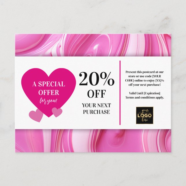 Alla hjärtans dag Rosa Swirls Coupon Rabatt Vykort (Framsida)
