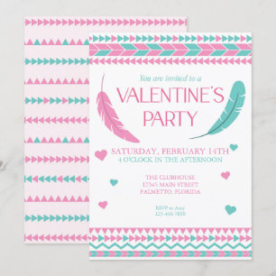 Alla hjärtans dag Rosa Teal Feathers Party Inbjudningar