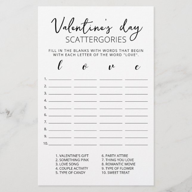 Alla hjärtans dag Scattergories-redigerbart spel (Framsida)