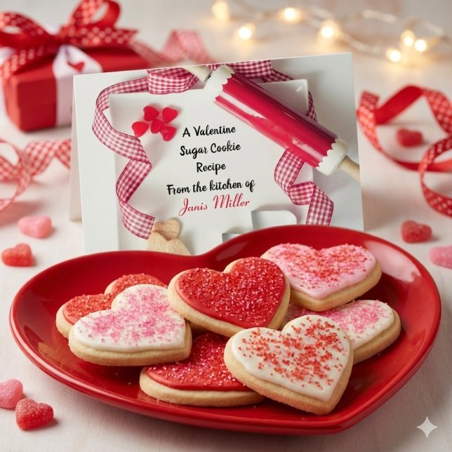 Alla hjärtans dag Sockerkaksrecept Vykort (Valentine sugar cookie recipe card – personalized baking gift for sweet kitchen moments)