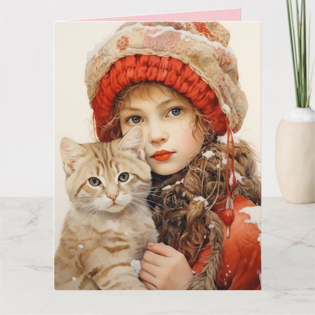 ALLA HJÄRTANS DAG SÖT Flicka OCH KATT GRATTULATION Kort (Framsida)