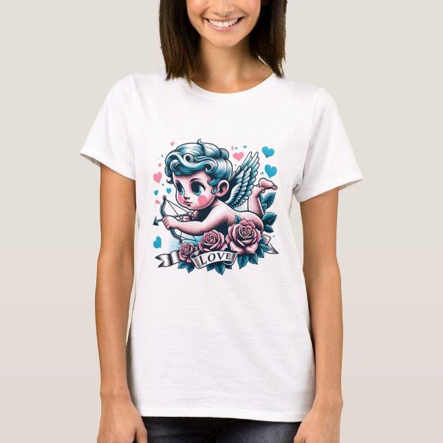 Alla hjärtans dag söt rosa teal cupid t shirt (Framsida)