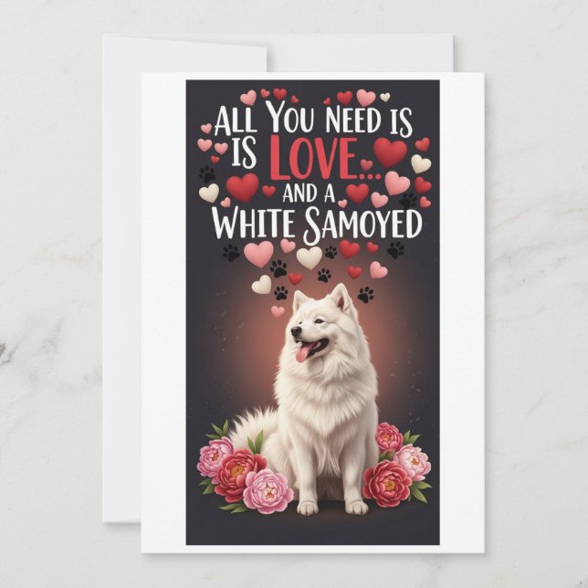 Alla hjärtans dag Söt vit samojed Hund  Foto kram Julkort (Framsida)