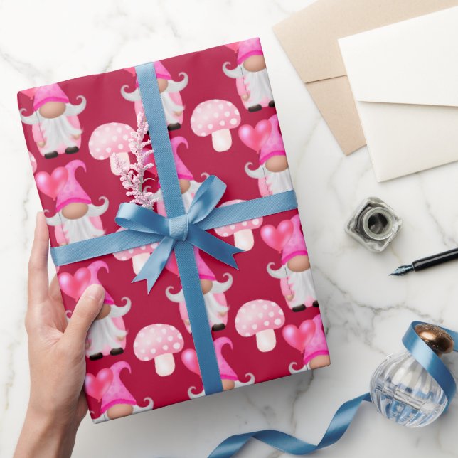 Alla hjärtans dag söta tomtar mönster rosa röd presentpapper (Gifting)
