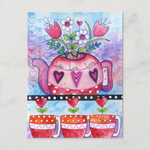 Alla hjärtans dag Tea Pot och Whimsical Hearts Helg Vykort