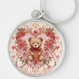 Alla hjärtans dag, Teddybjörn, Rosa Kärlekshjärta  Rund Silverfärgad Nyckelring