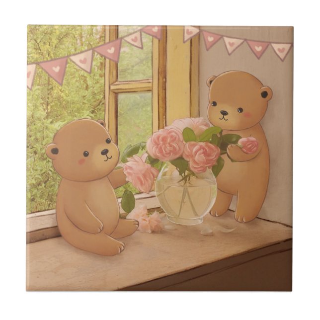 Alla hjärtans dag: Teddybjörnar & blommor Kakelplatta (Framsidan)