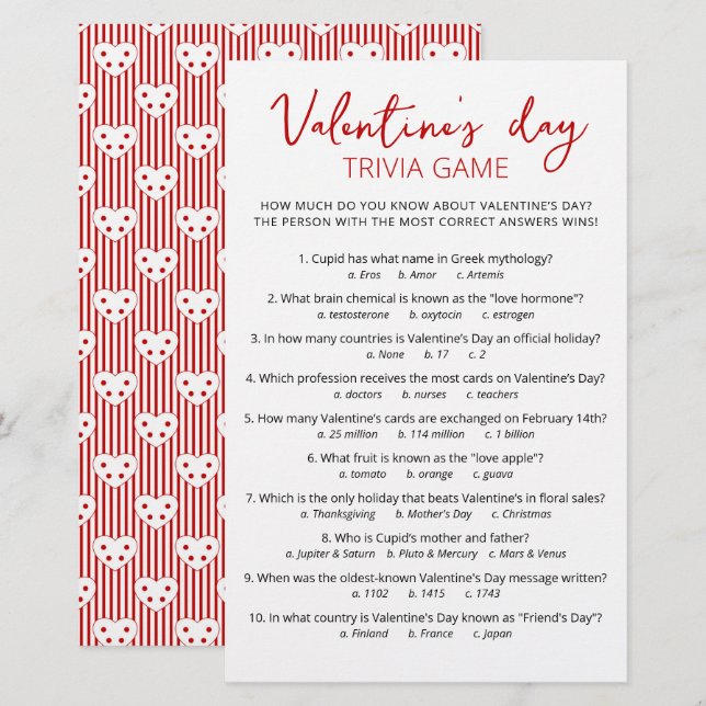 Alla hjärtans dag Trivia-spel med svar (Fram/baksida)