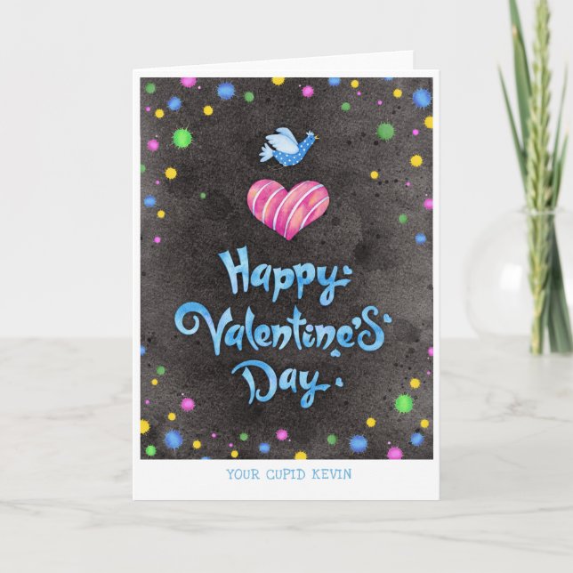 Alla hjärtans dag Typografi Cute Bird & Heart Helgkort (Framsida)