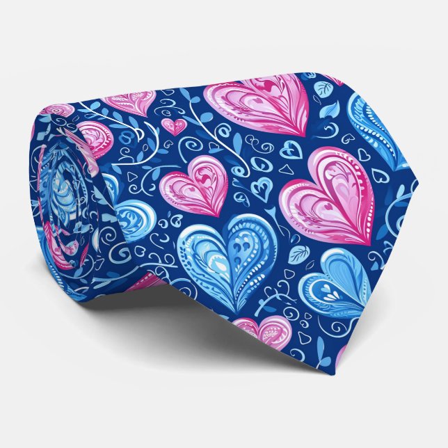 Alla hjärtans dag vackra blå och rosa hjärtan slips (Rullad)