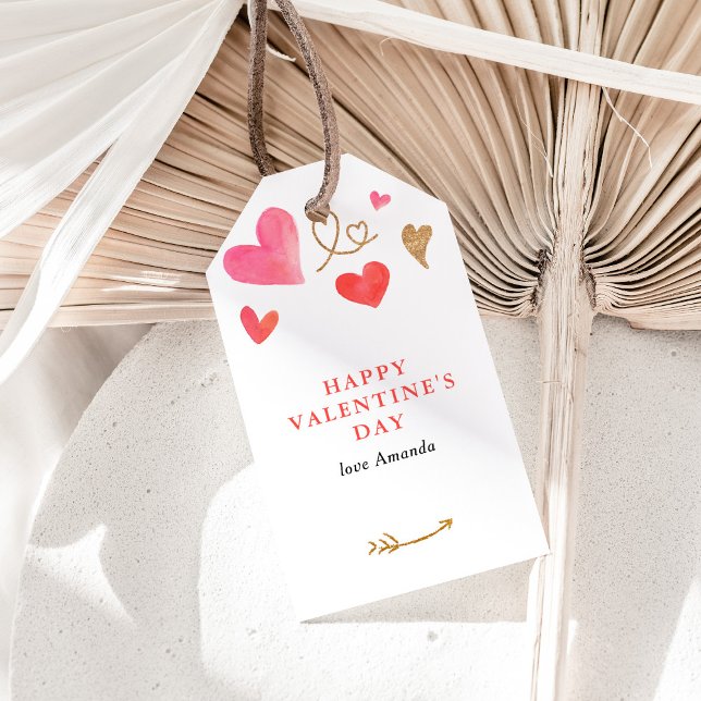 Alla hjärtans dag, vattenfärgshjärta presentetikett (Personalize your Valentine's day gifts with these personalized gift tags featuring watercolor hearts)