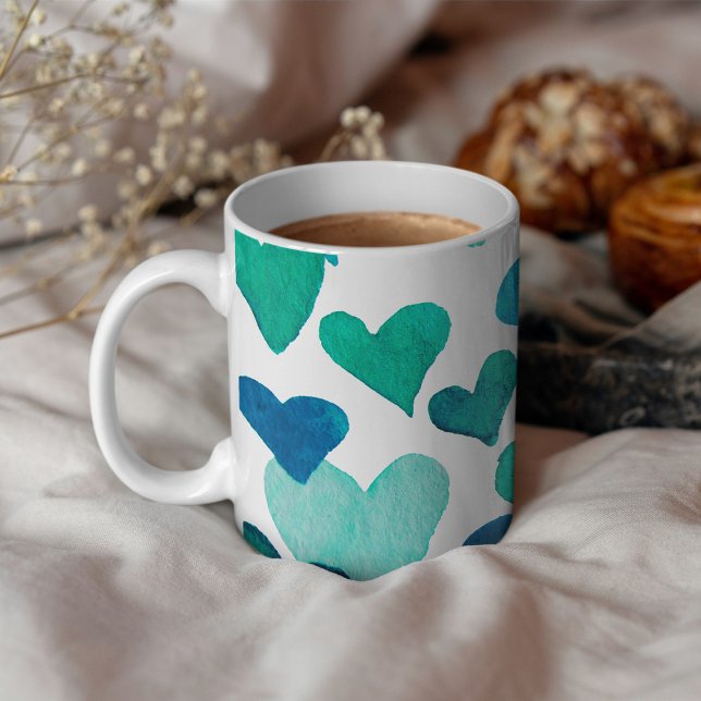 Alla hjärtans dag Vattenfärgshjärter - turkos Kaffemugg (Skapare uppladdad)