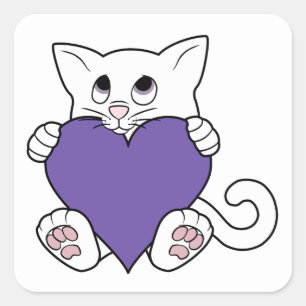 Alla hjärtans dag, vit katt med Lila Heart Fyrkantigt Klistermärke