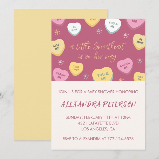 Alla hjärtans dags baby shower färgglada godis hjä inbjudningar (Fram/baksida)