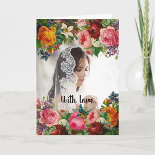 Alla hjärtans dags blommor med kärleksfoto bröllop helgkort