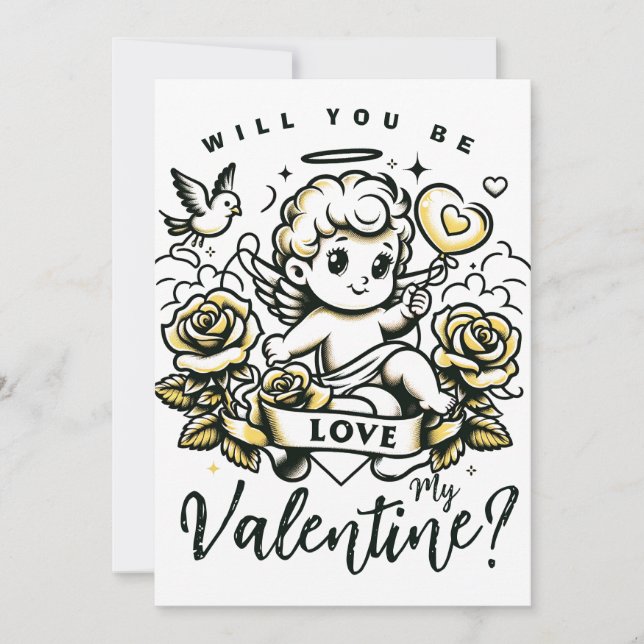 Alla hjärtans dags cupid med gula rosor och duva julkort (Framsida)