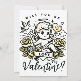 Alla hjärtans dags cupid med gula rosor och duva julkort