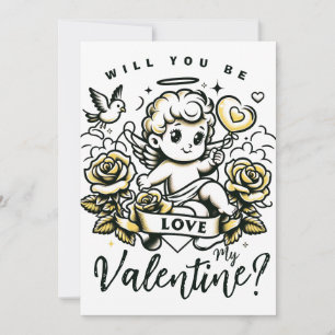 Alla hjärtans dags cupid med gula rosor och duva julkort