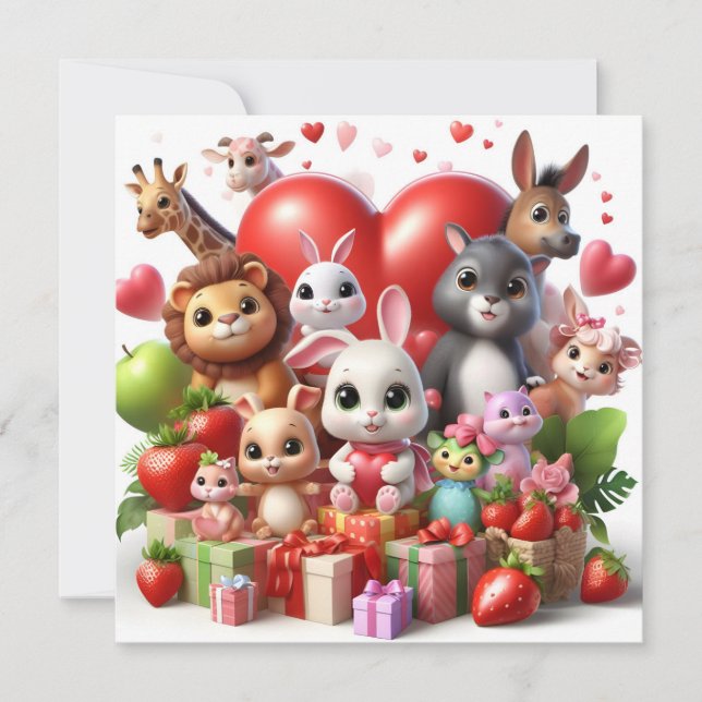 Alla hjärtans dags-djur med hjärta julkort (Framsida)