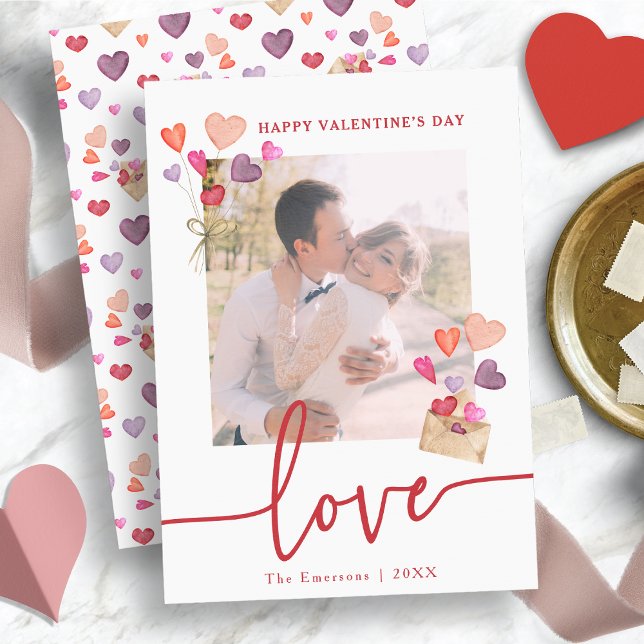 Alla hjärtans dags fotoholidaykort julkort (Watercolor Hearts Valentine's Day Photo Holiday Card)