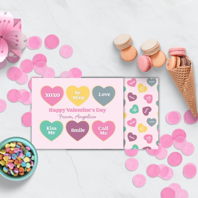 Alla hjärtans dags godis hjärtdesign anteckningskort (Valentine Card for Kids classroom personalized)