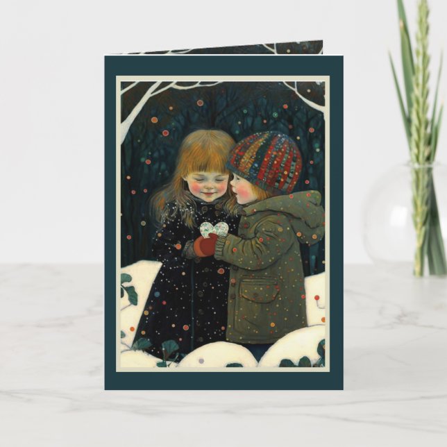 Alla hjärtans dags-kort vinter natt pojke och flic kort (Framsida)