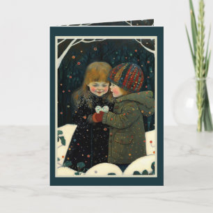 Alla hjärtans dags-kort vinter natt pojke och flic kort