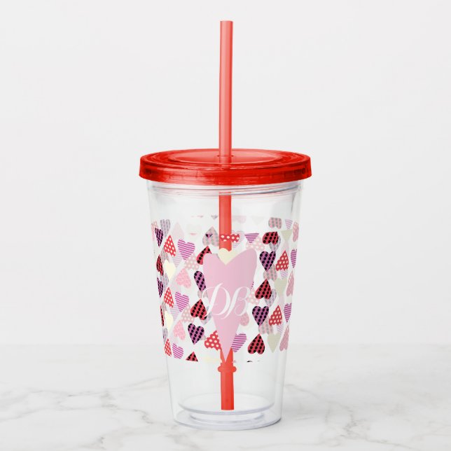Alla hjärtans dags mönstrade hjärtan monogram take away mugg (Framsida)