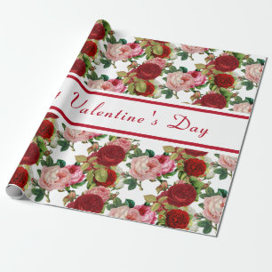Alla hjärtans dags rosa och röda rosblommor presentpapper