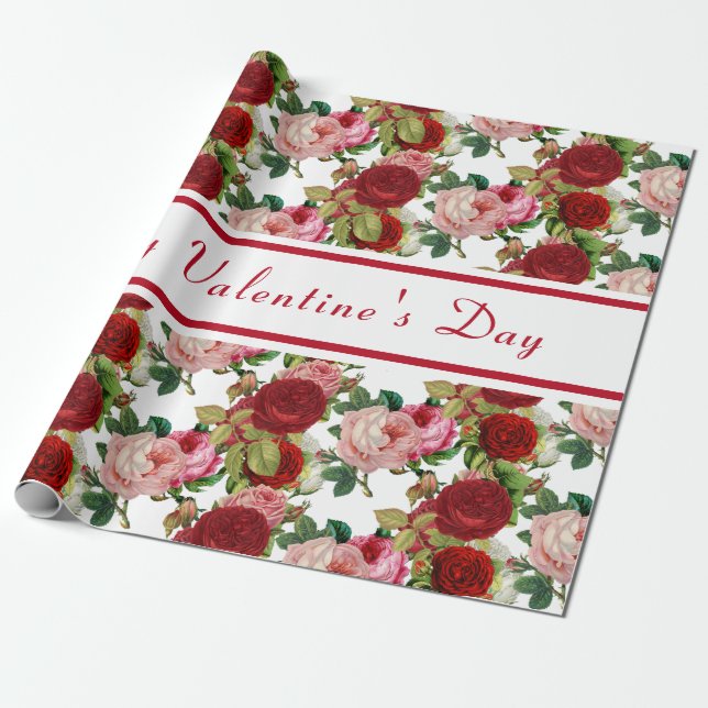 Alla hjärtans dags rosa och röda rosblommor presentpapper (Utrullad)