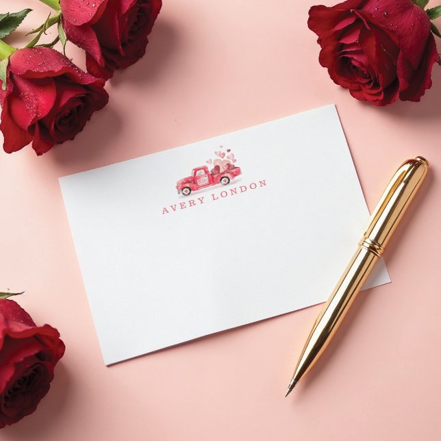 Alla hjärtans dags specialleverans Röd akvarell la Anteckningskort (Valentine's Special Delivery Red Watercolor Truck Note Card)