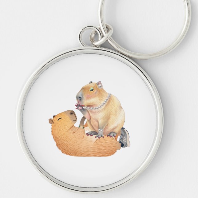 Alla hjärtans dags speciell capybara-nyckelring rund silverfärgad nyckelring (Framsidan)