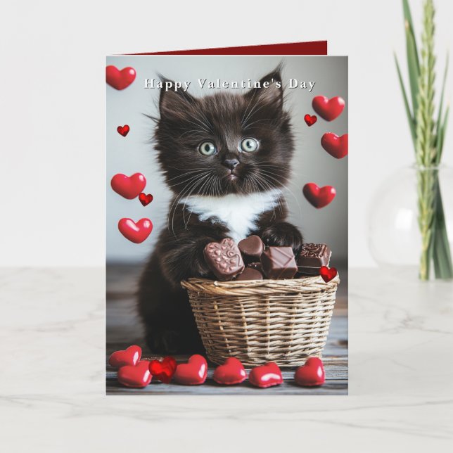 Alla hjärtans dags svartvit katt med röda hjärtan kort (Framsida)