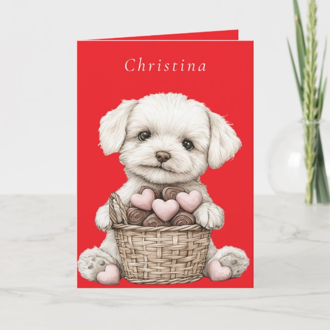 Alla hjärtans dags valp rosa chokladhjärtan korg kort (Framsida)
