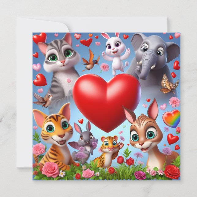Alla hjärtans dagsdjur med hjärtan julkort (Framsida)