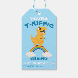 Alla hjärtans dagskolpojkar dinosaur t-rex regnbåg presentetikett