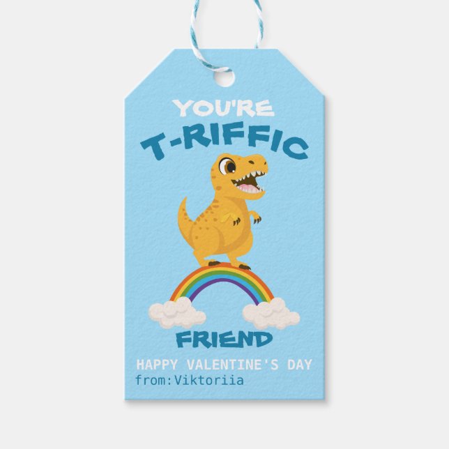 Alla hjärtans dagskolpojkar dinosaur t-rex regnbåg presentetikett (Framsidan)