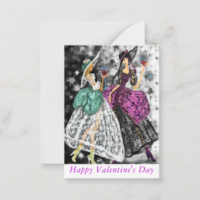 Alla hjärtans dagskort Dam som dricker Red Vin Anteckningskort (Framsida)