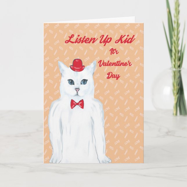 Alla hjärtans dagskort Vit katt, Hatt, Bow Tie Helgkort (Framsida)