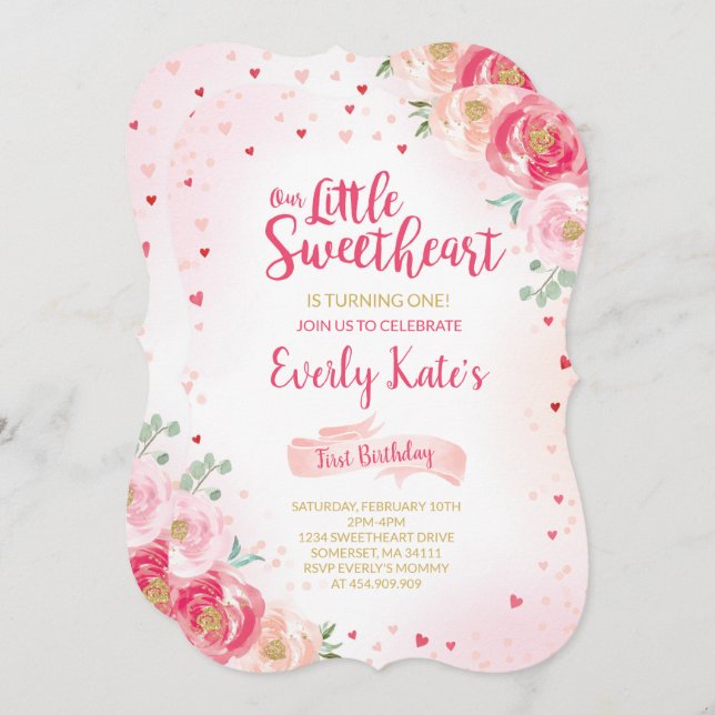 Alla hjärtans födelsedagsinbjudan Älskling Rosa Gu Inbjudningar (Fram/baksida)