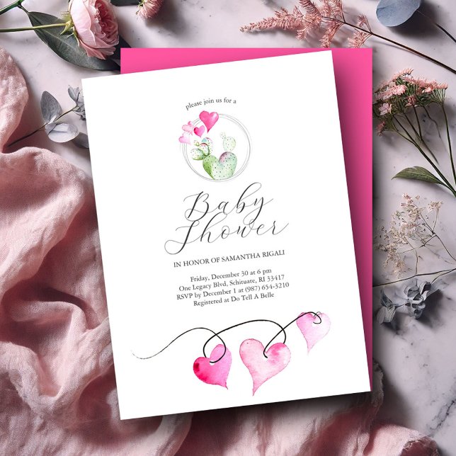 Alla hjärtans inbjudningar till barnskor (Valentines baby shower invitations features watercolor heart art Victoria Grigaliunas DoTellABelle)
