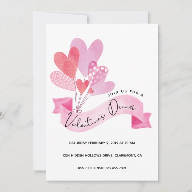 Alla hjärtans middagsinbjudan med hjärtballonger spara datumet (Framsida)
