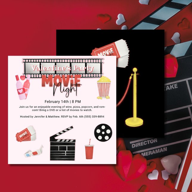 Alla hjärtans Party Movie Natt Square Inbjudningar (Valentine's Party Movie Night Square Invitation)