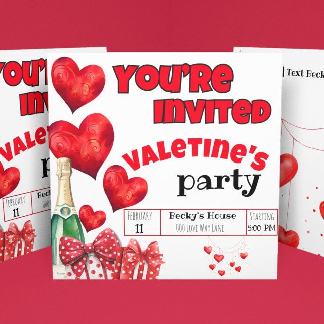 Alla hjärtans röda hjärtan och Polka dots Champagn Inbjudningar (Bold and fun red hearts and polka dots on a Valentine's Day Party customizable invitation. )