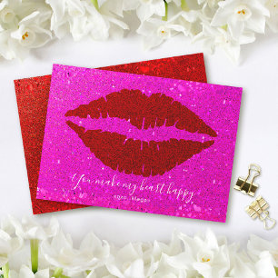 Alla hjärtans röda Läppar Rosa Glitter Heart Lyckl Julkort