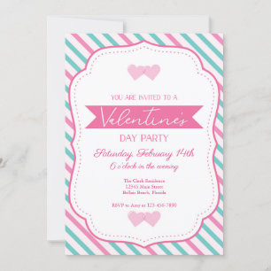 Alla hjärtans Rosa Party Teal Stripe Ram Party Inbjudningar