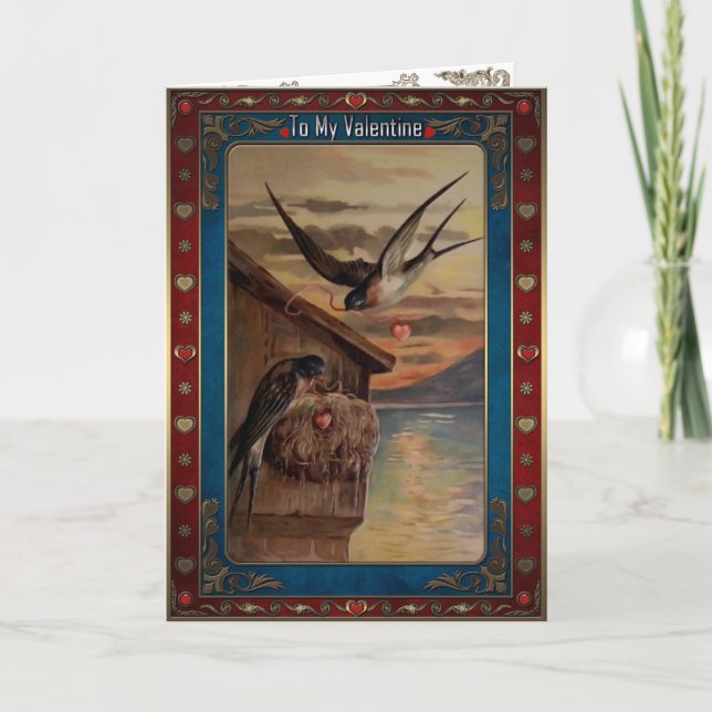 Alla hjärtans. Sväljer med hjärtan på rosett band. Helgkort (Framsida)