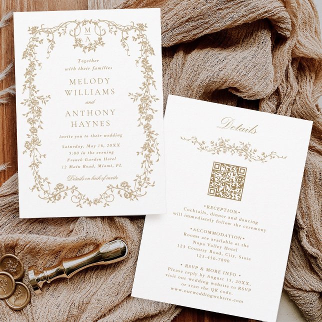 Alla i en Fransk Victorian Guld Blommigt Bröllop Inbjudningar (Front & Back)